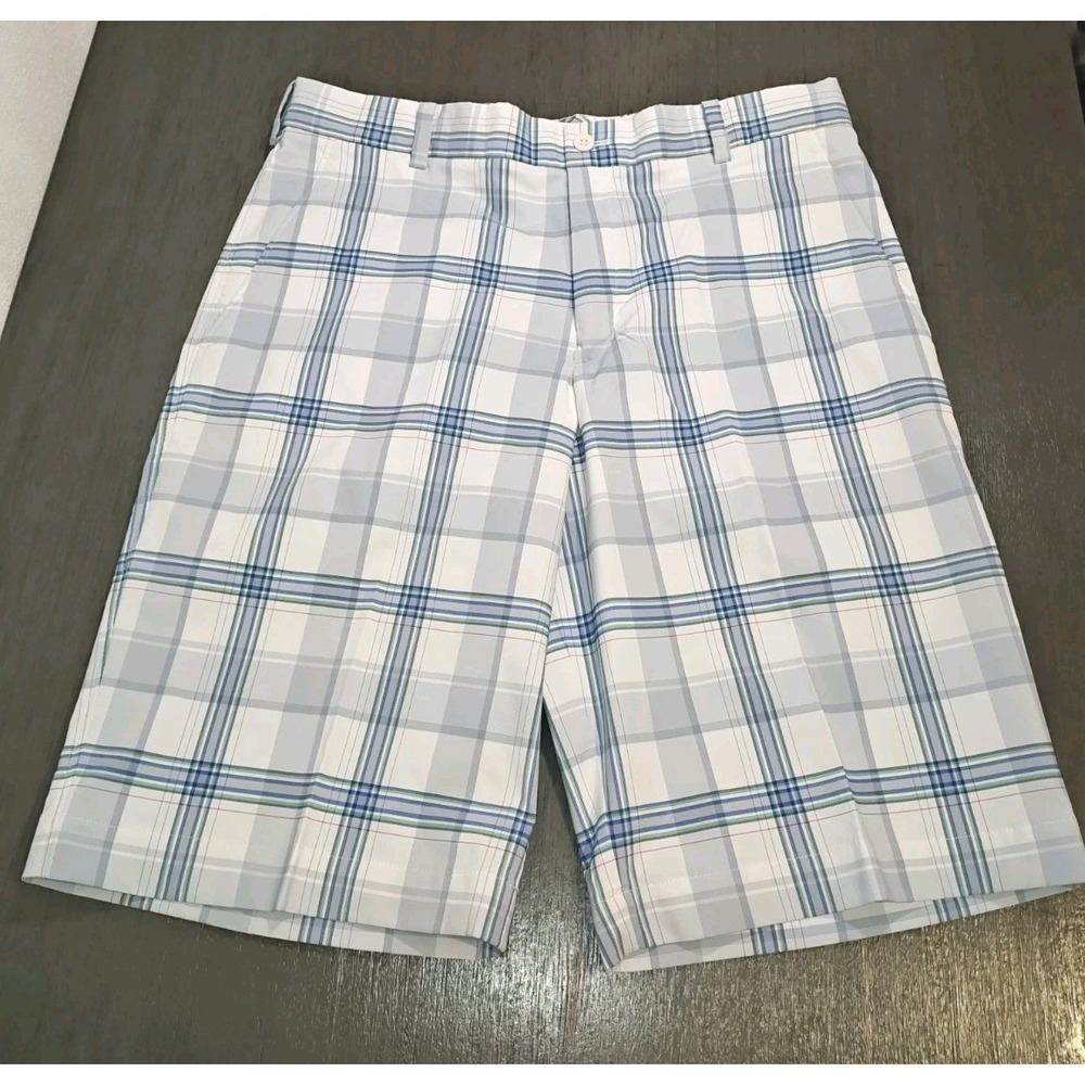 Nike Golf Dri Fit Shorts Mens 33 Plaid Performance Flat Front Gray Blue
